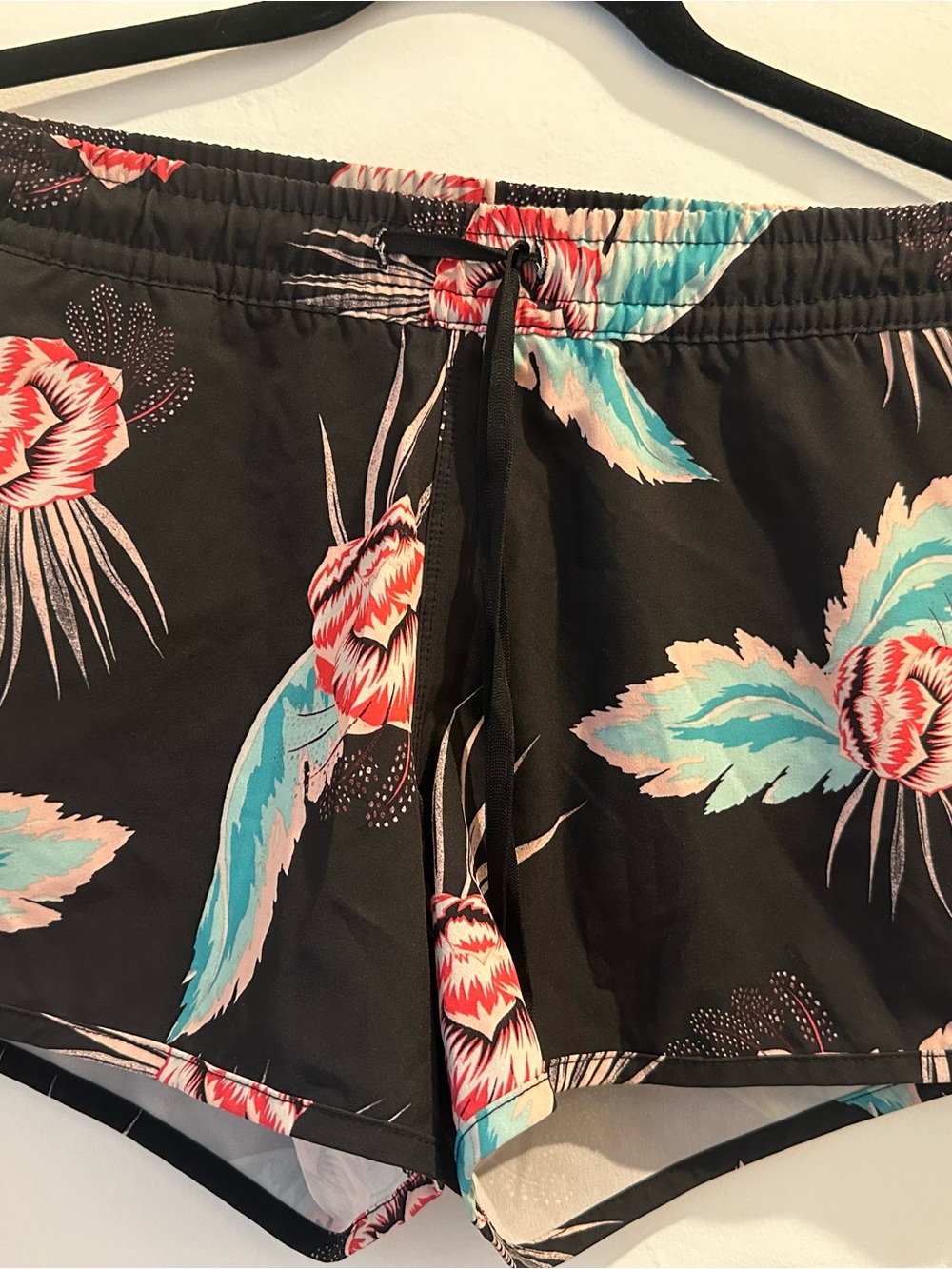 Roxy Black Floral Drawstring Athletic Shorts with Red and Aqua Accents